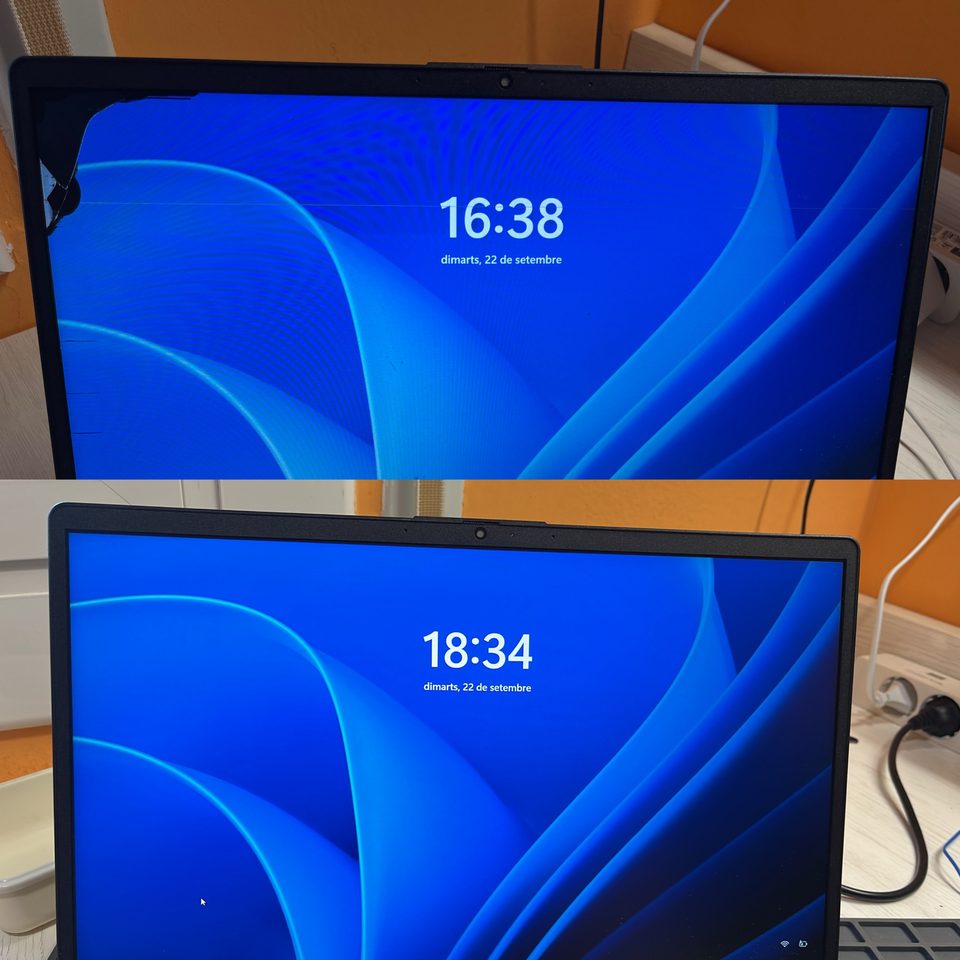 Pantalla de portátil rota, arriba, y la misma pantalla cambiada, abajo